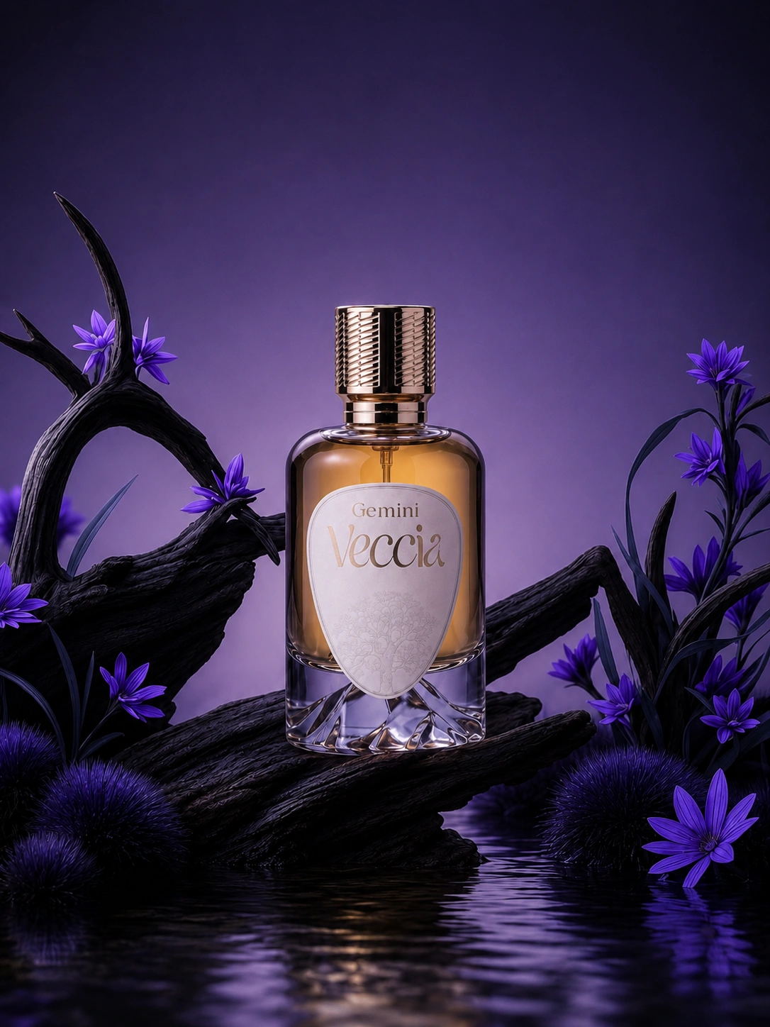 Gemini extrait de parfum bottle among purple vanilla orchid blooms